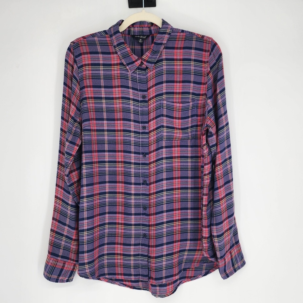 Womens Side Button Detail Plaid Flannel Shirt Medium Western Cowgirl Grunge Chic